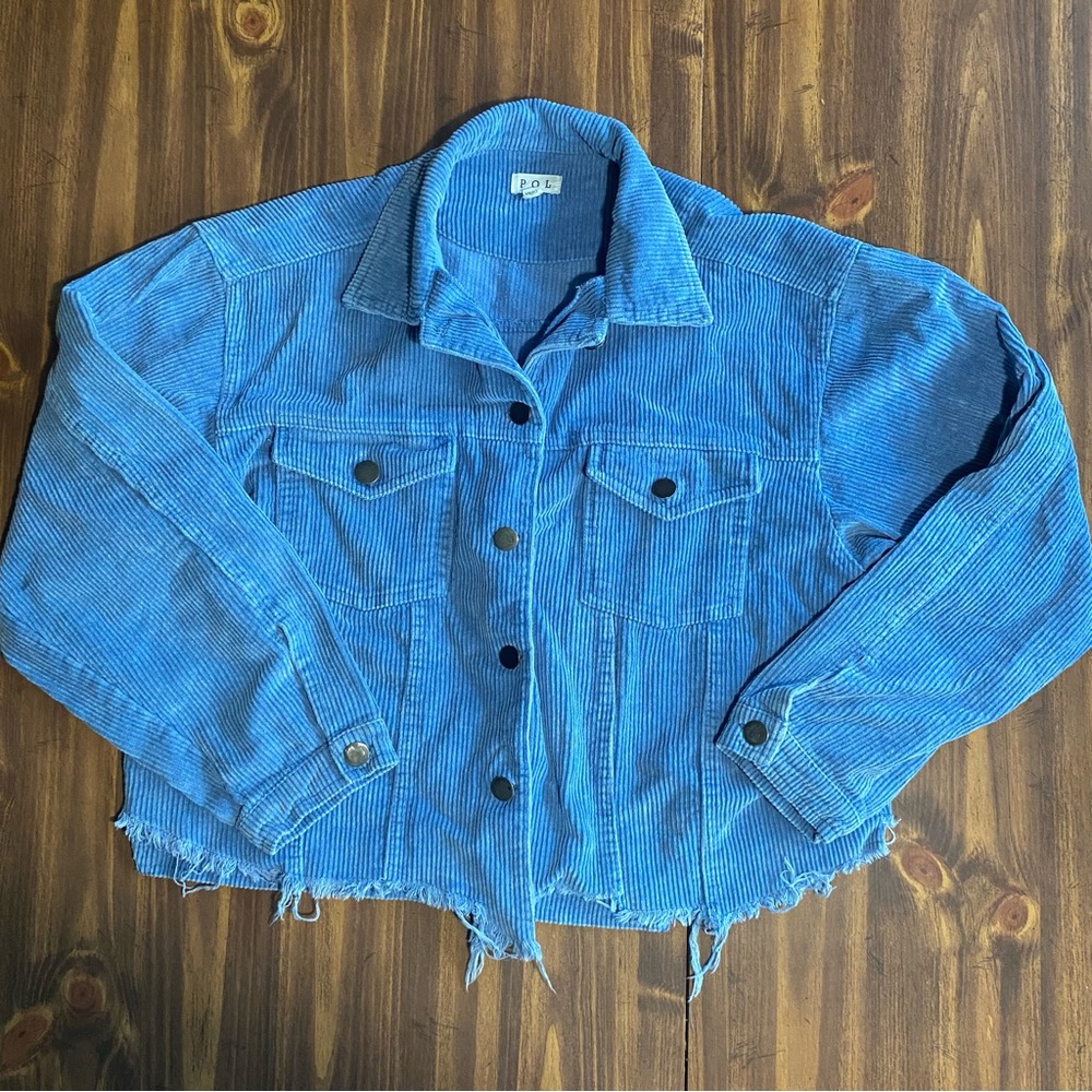 POL Blue Corduroy Jacket Distressed Long Sleeve Casual Bohemian Indie Small
